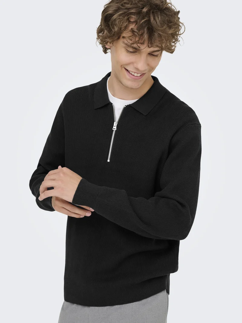 ONSPHIL REG 12 HALF ZIP POLO KNIT, Black