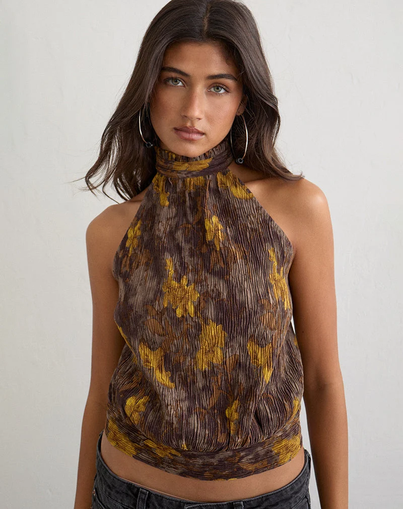 Sunari-Oberteil mit Blumenmuster, plissiert, in Braun und Gelb