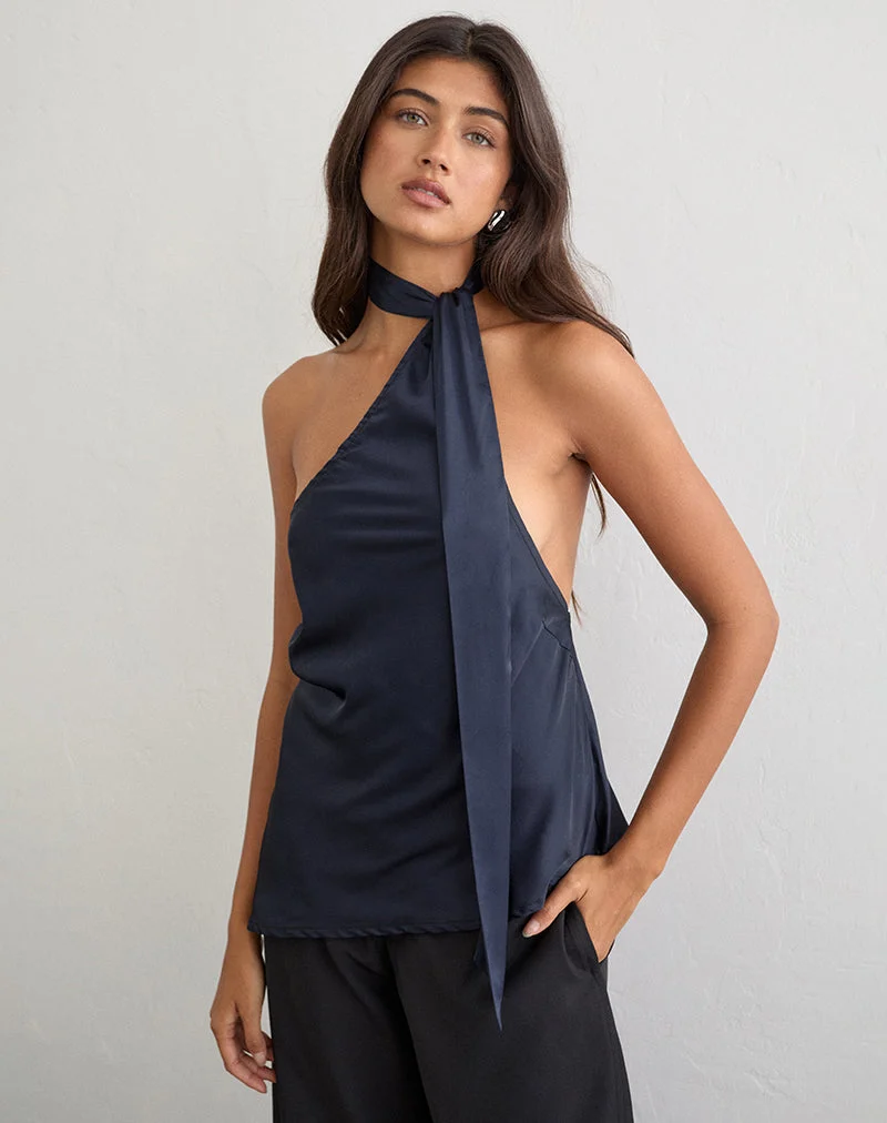 Sambara Asymmetrisches Neckholder-Top mit Schleifenbindung aus Satin in Marineblau