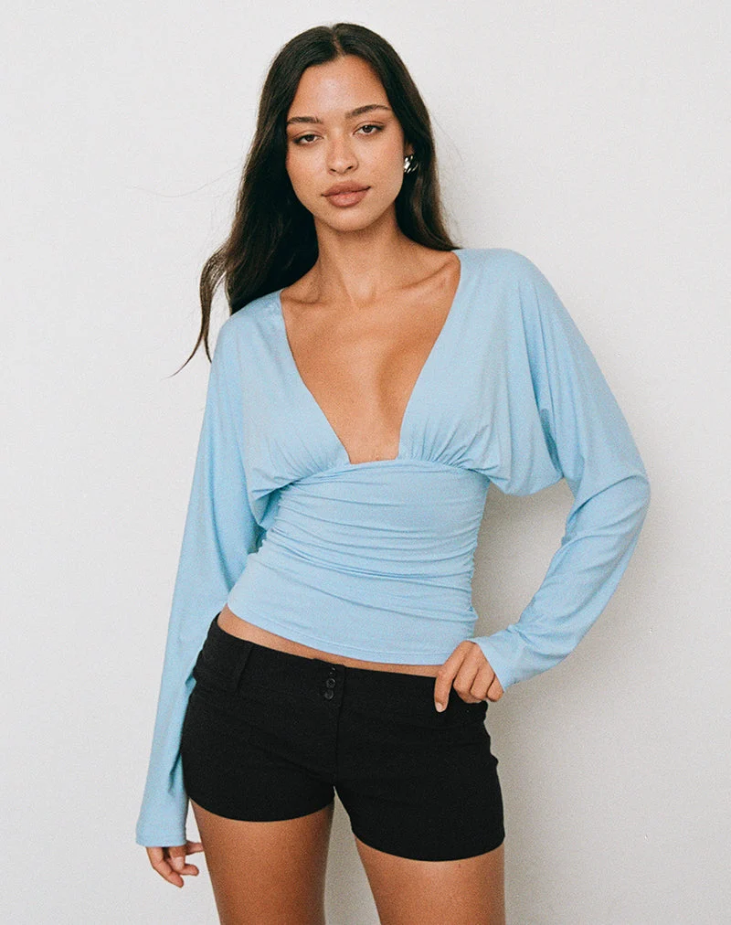 Lilro Langarm-Top mit tiefem Ausschnitt und Fledermausärmeln in Cool Blue