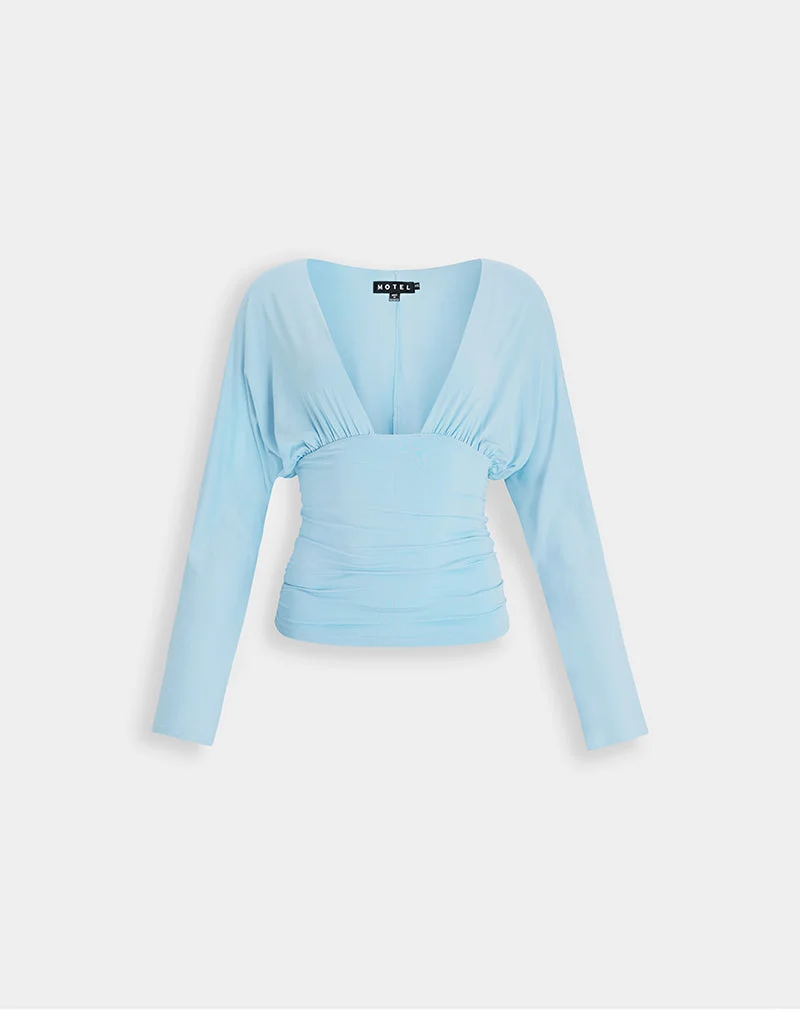 Lilro Langarm-Top mit tiefem Ausschnitt und Fledermausärmeln in Cool Blue