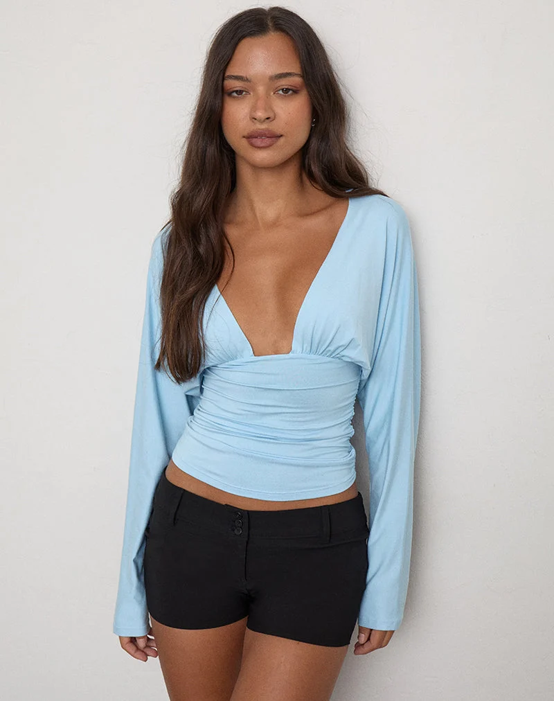 Lilro Langarm-Top mit tiefem Ausschnitt und Fledermausärmeln in Cool Blue