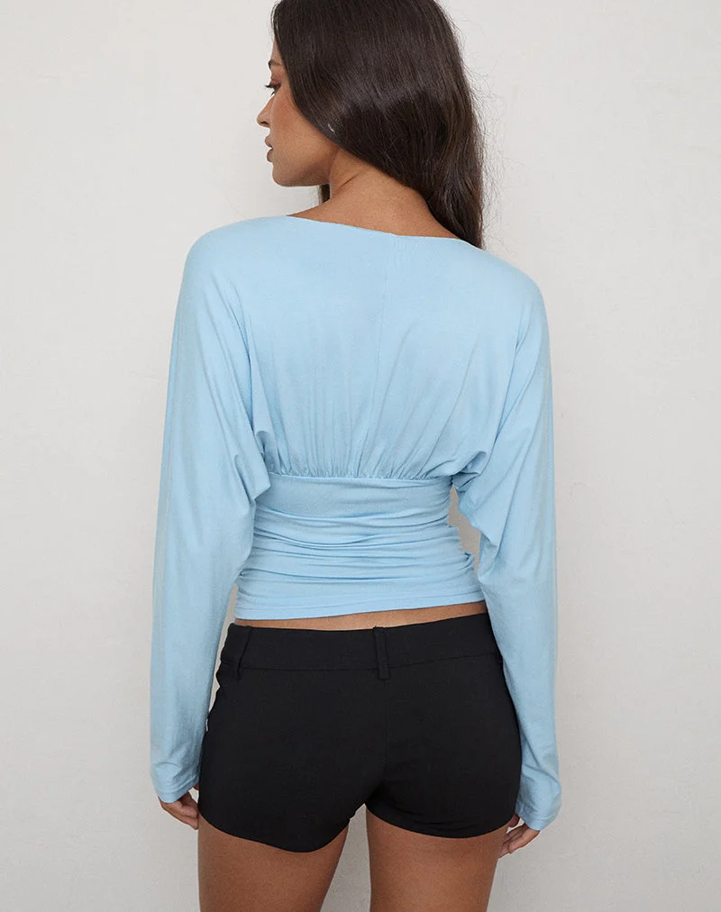 Lilro Langarm-Top mit tiefem Ausschnitt und Fledermausärmeln in Cool Blue