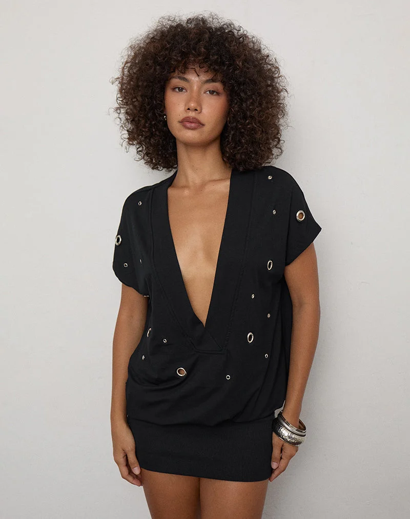 Chukaya-Kleid mit Ösen aus Rayon-Jersey, schwarz