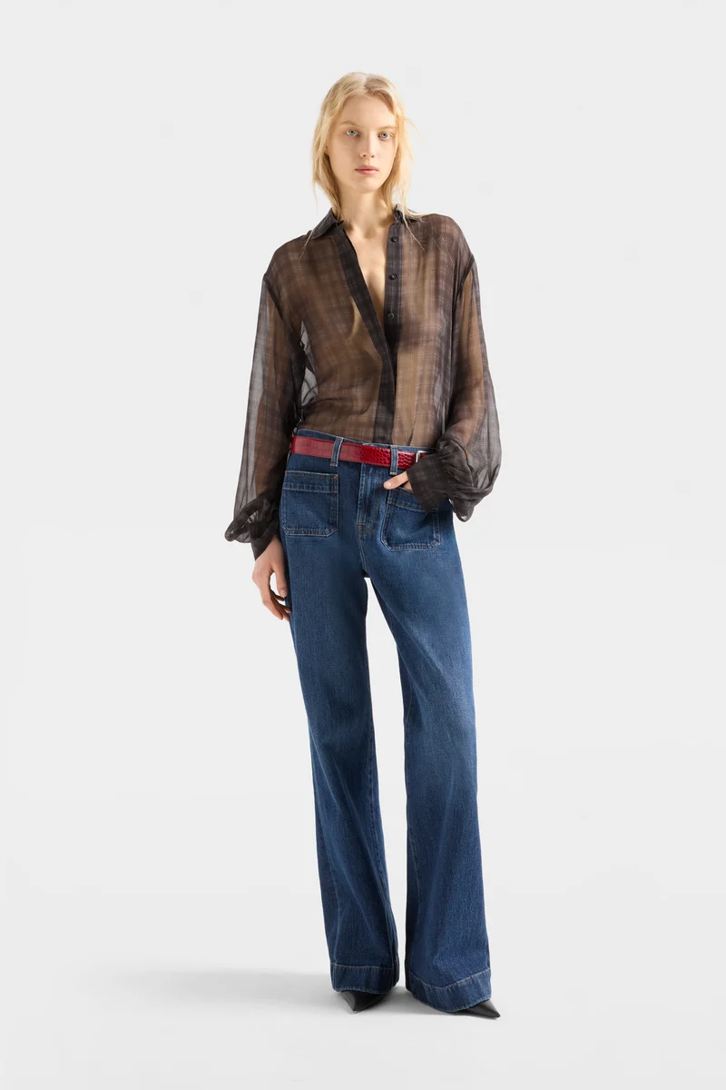 BALLOON SLEEVE SHIRT in Cotton Silk Shadow Check