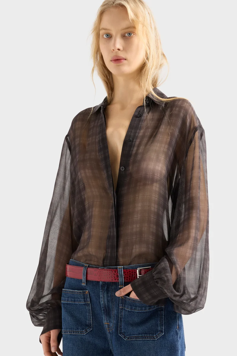 BALLOON SLEEVE SHIRT in Cotton Silk Shadow Check