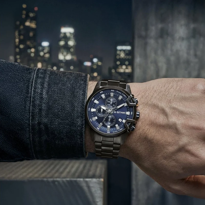 G-STAR Bend3D Schwarze Herrenuhr mit blauem Zifferblatt GSW.505.05