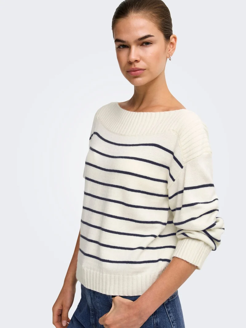 Hellbeiger Damen Strickpullover mit blauen Streifen & U-Boot-Ausschnitt