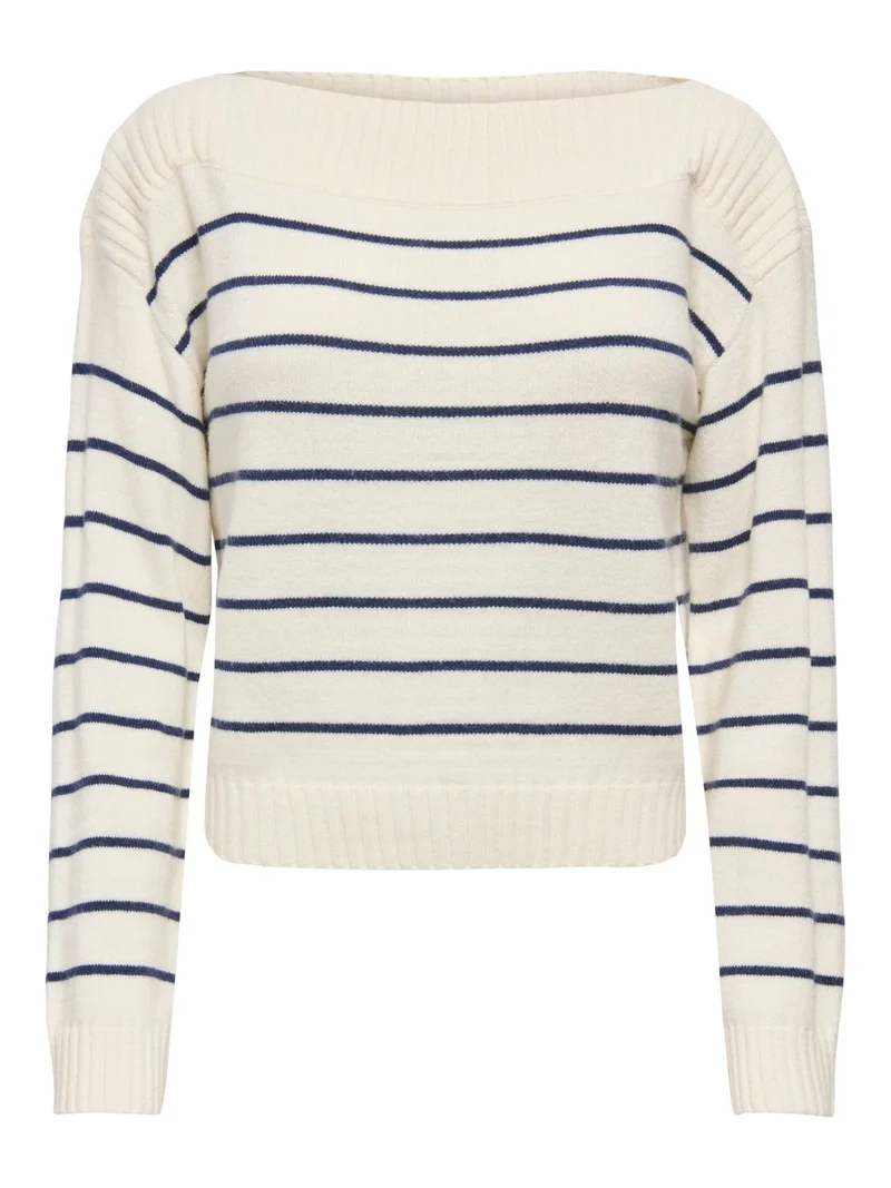 Hellbeiger Damen Strickpullover mit blauen Streifen & U-Boot-Ausschnitt