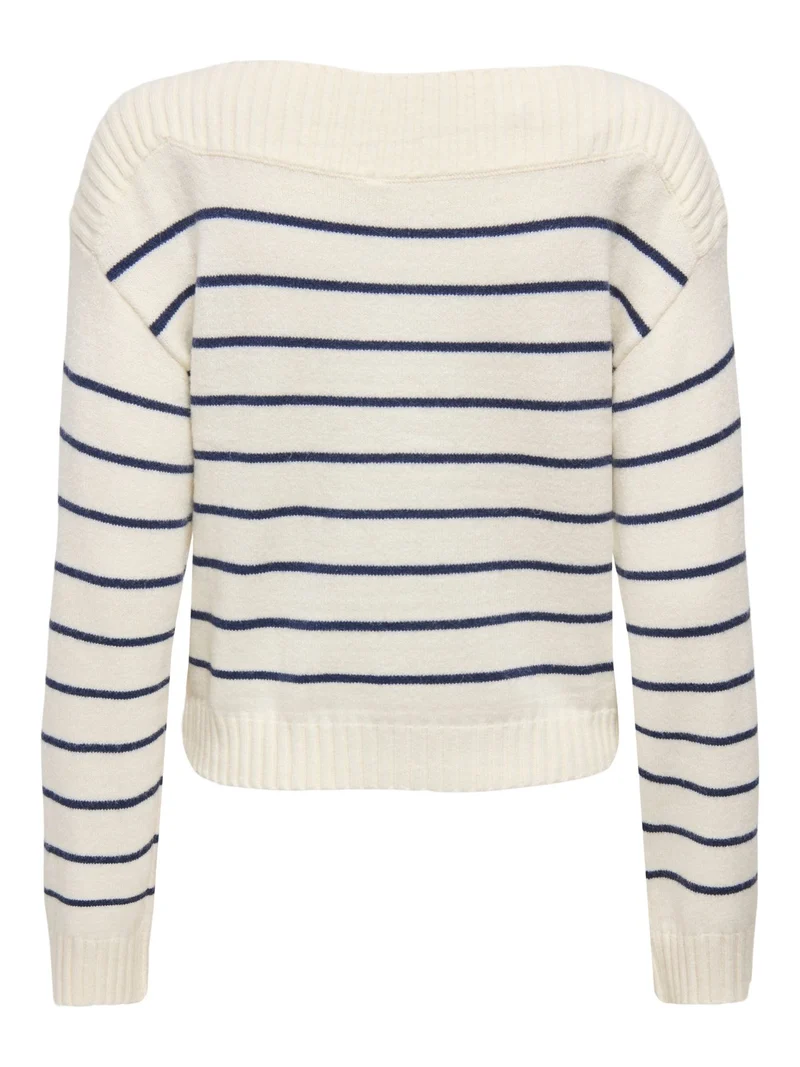 Hellbeiger Damen Strickpullover mit blauen Streifen & U-Boot-Ausschnitt