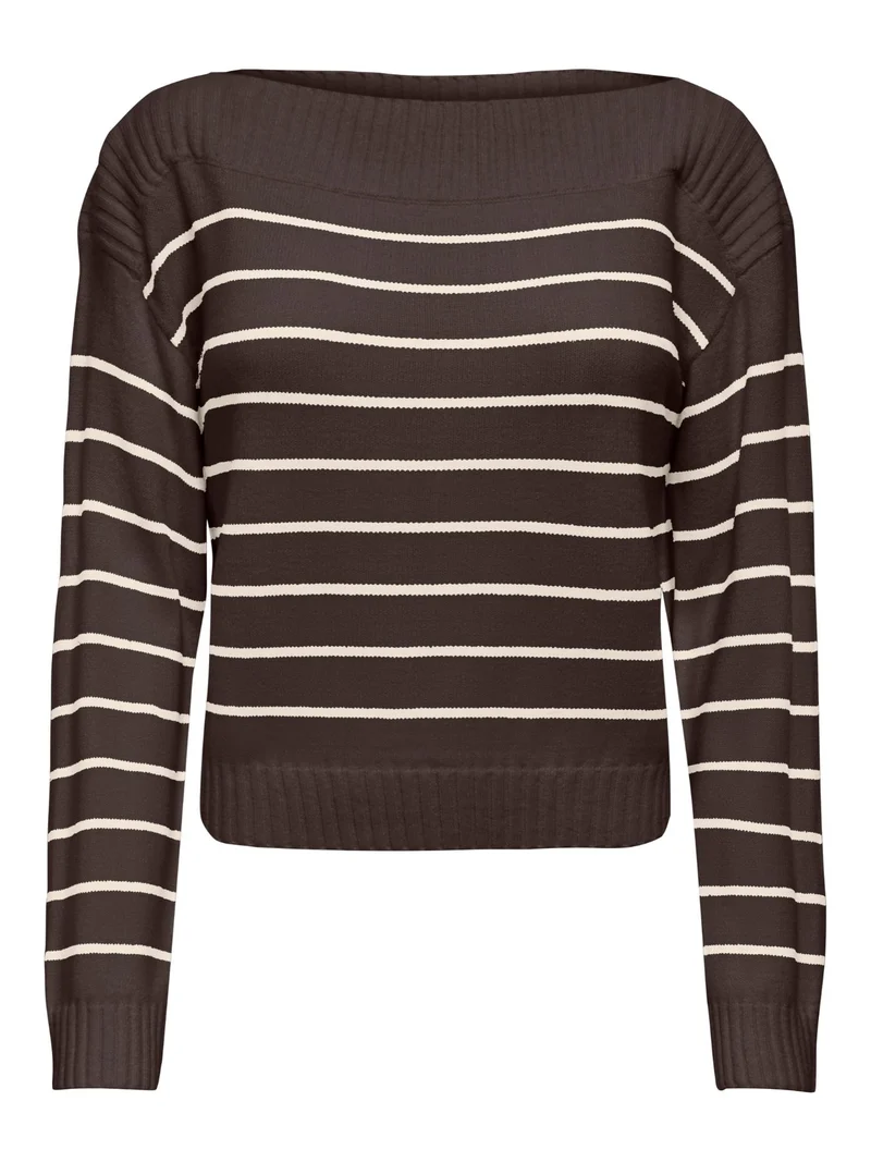 Brauner Damen Strickpullover mit weißen Streifen & U-Boot-Ausschnitt