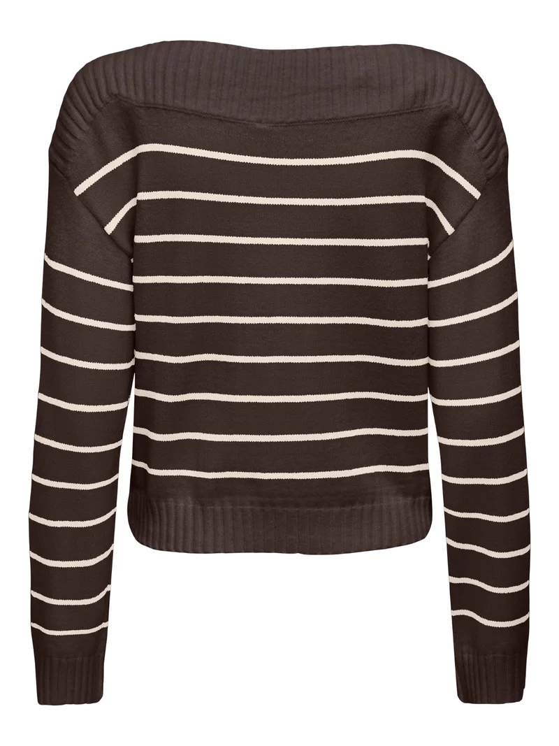 Brauner Damen Strickpullover mit weißen Streifen & U-Boot-Ausschnitt