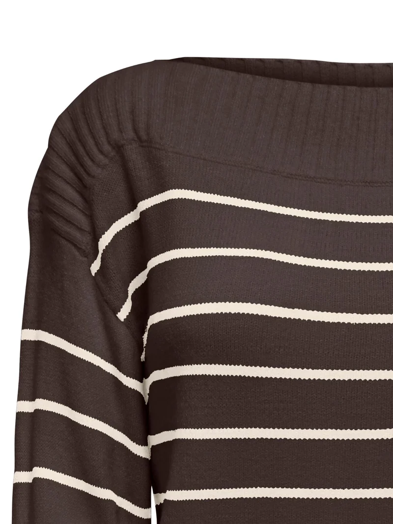 Brauner Damen Strickpullover mit weißen Streifen & U-Boot-Ausschnitt