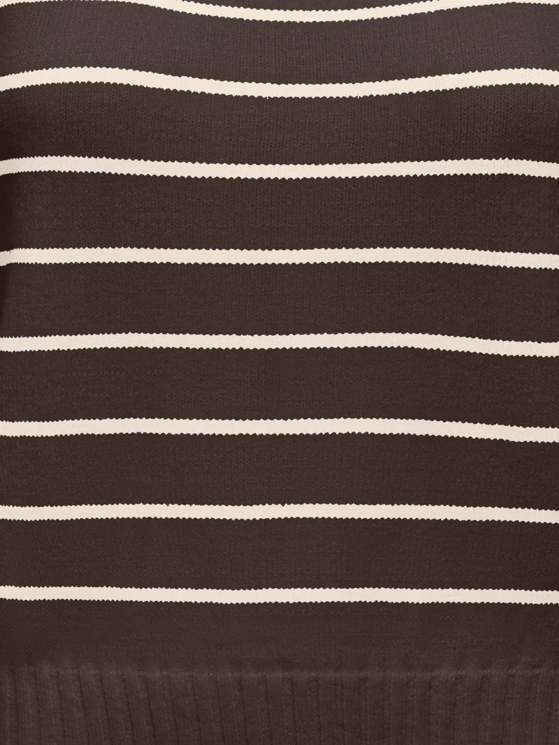 Brauner Damen Strickpullover mit weißen Streifen & U-Boot-Ausschnitt