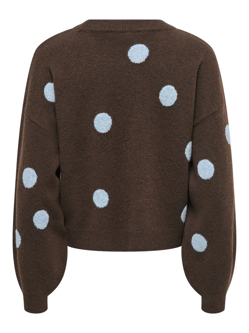 Brauner Damen Strickpullover mit hellblauen & braunen Punkten