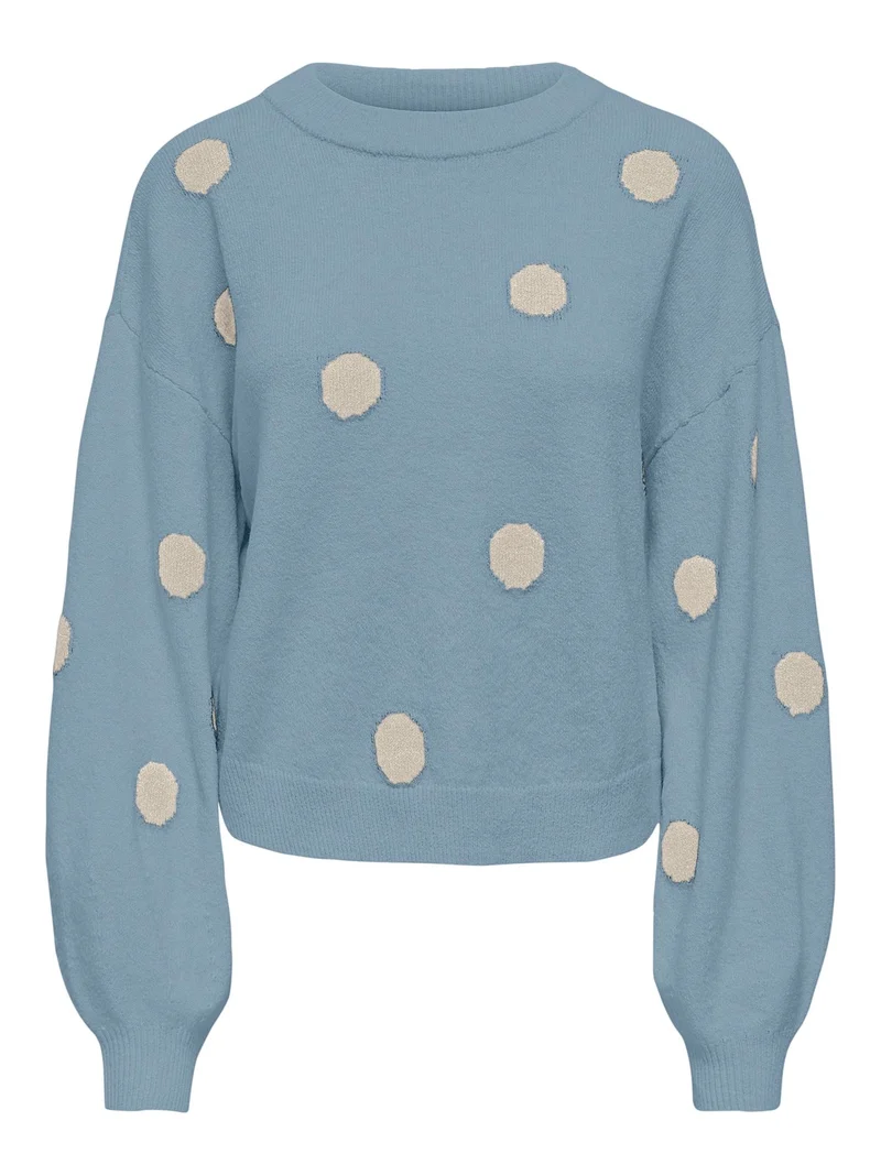 Hellblauer Damen Strickpullover mit weißen Punkten & Rundhalsausschnitt