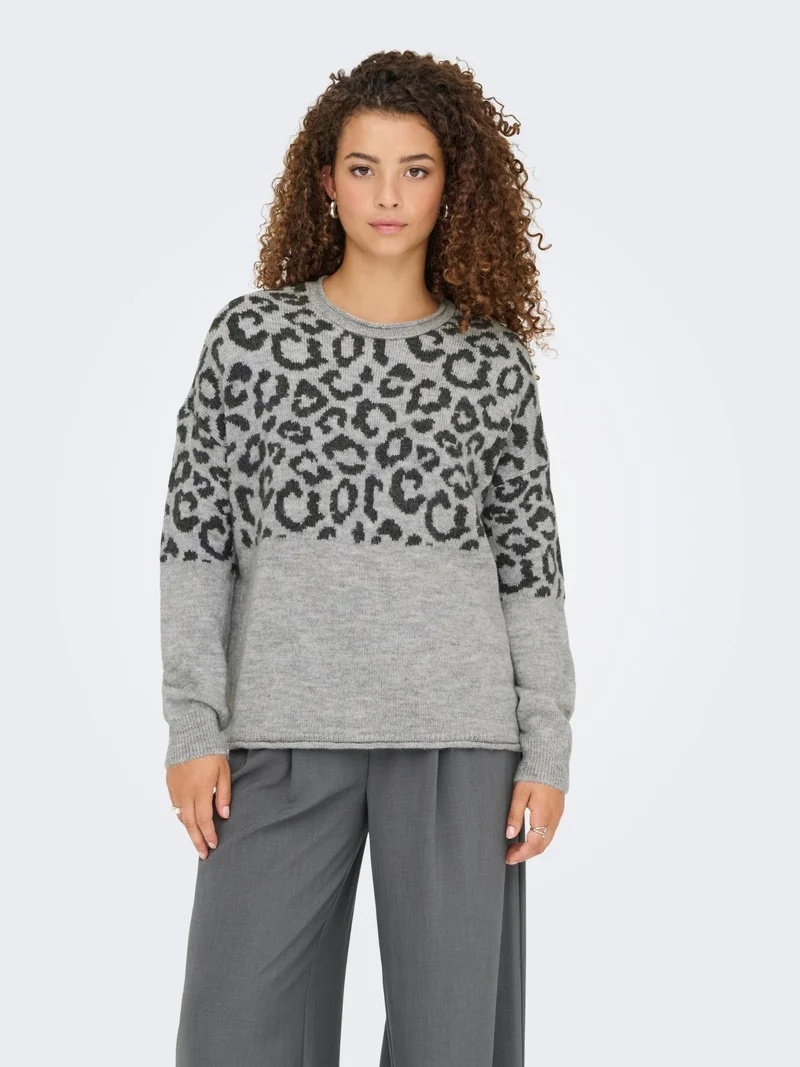 Damen Strickpullover mit Rundhalsausschnitt & tief angesetzten Schultern in Grau