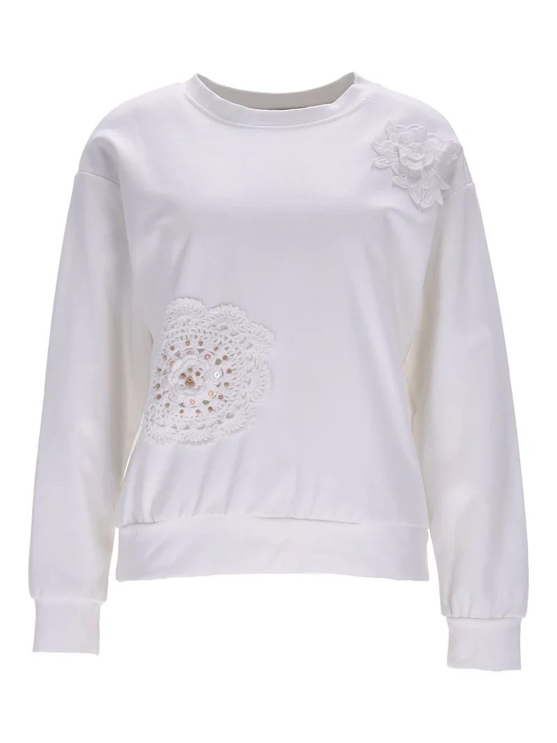 Damen Sweatshirt mit Blumenstickerei – Weiß