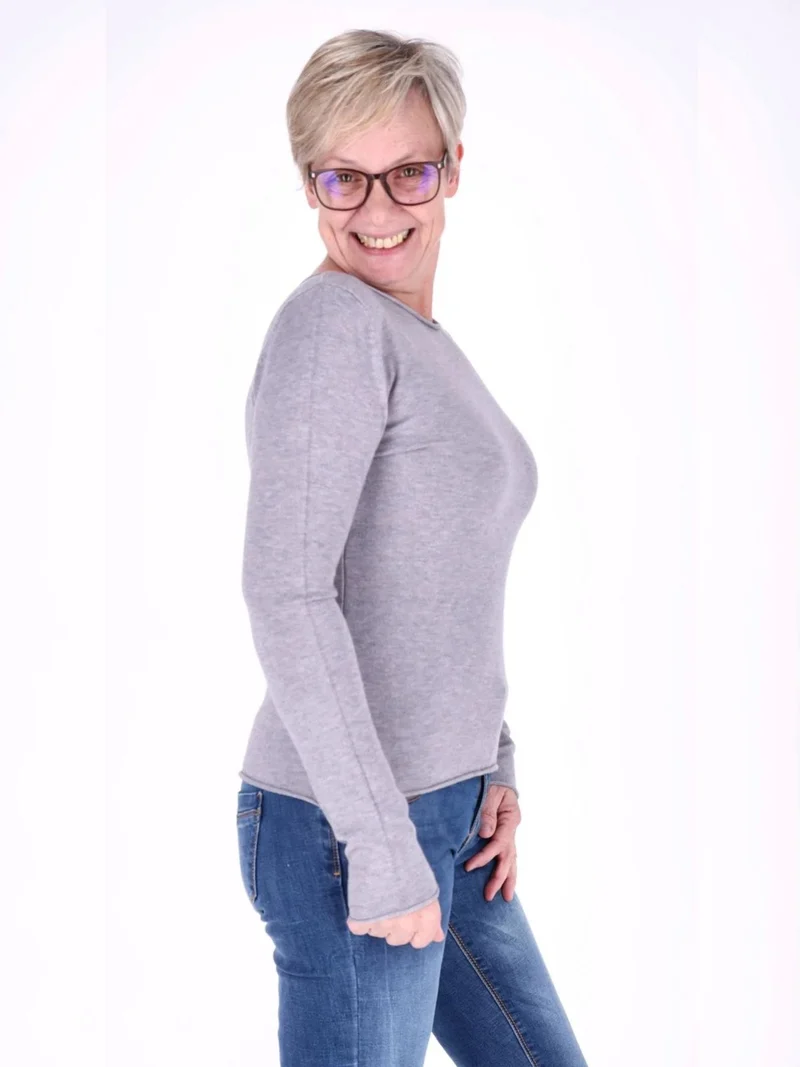 Grauer Damen Feinstrick-Pullover mit Rundhalsausschnitt