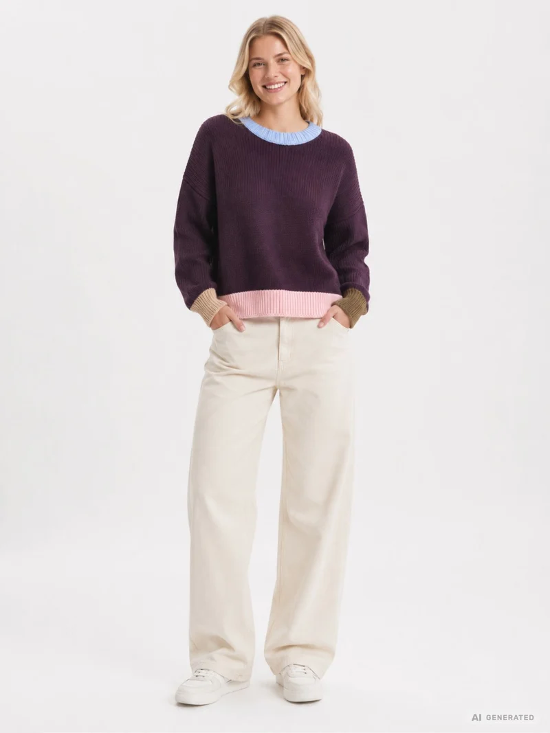 Lila Damen Strickpullover mit bunten Kontrastdetails