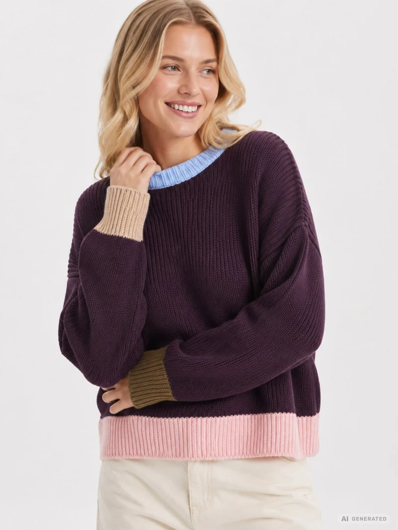 Lila Damen Strickpullover mit bunten Kontrastdetails
