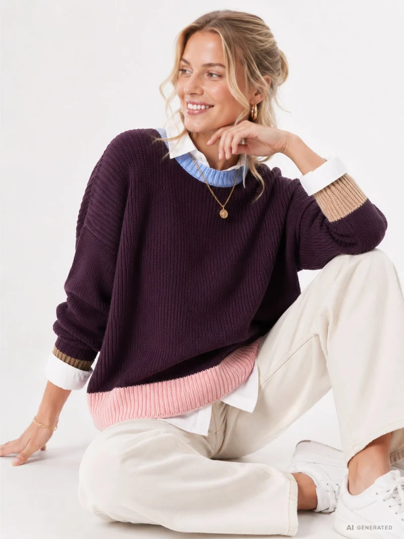 Lila Damen Strickpullover mit bunten Kontrastdetails