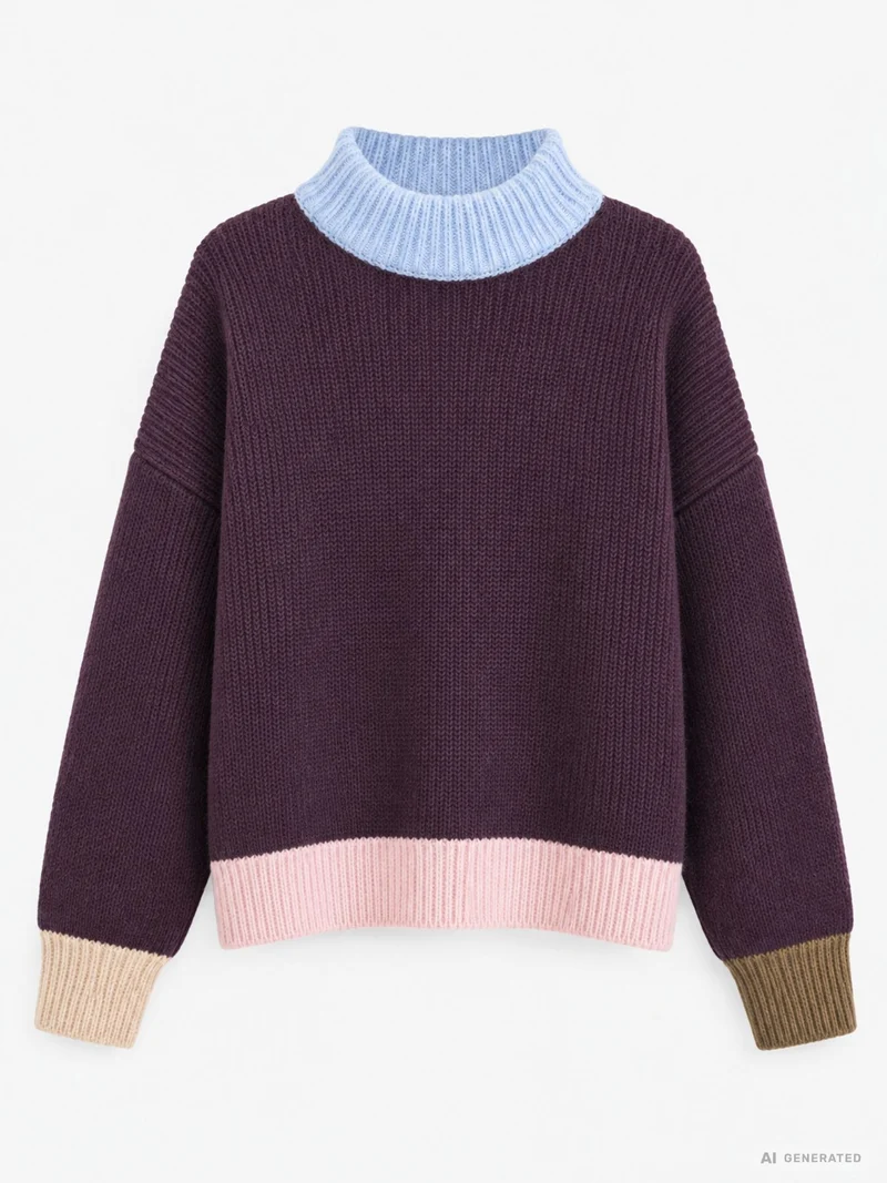 Lila Damen Strickpullover mit bunten Kontrastdetails