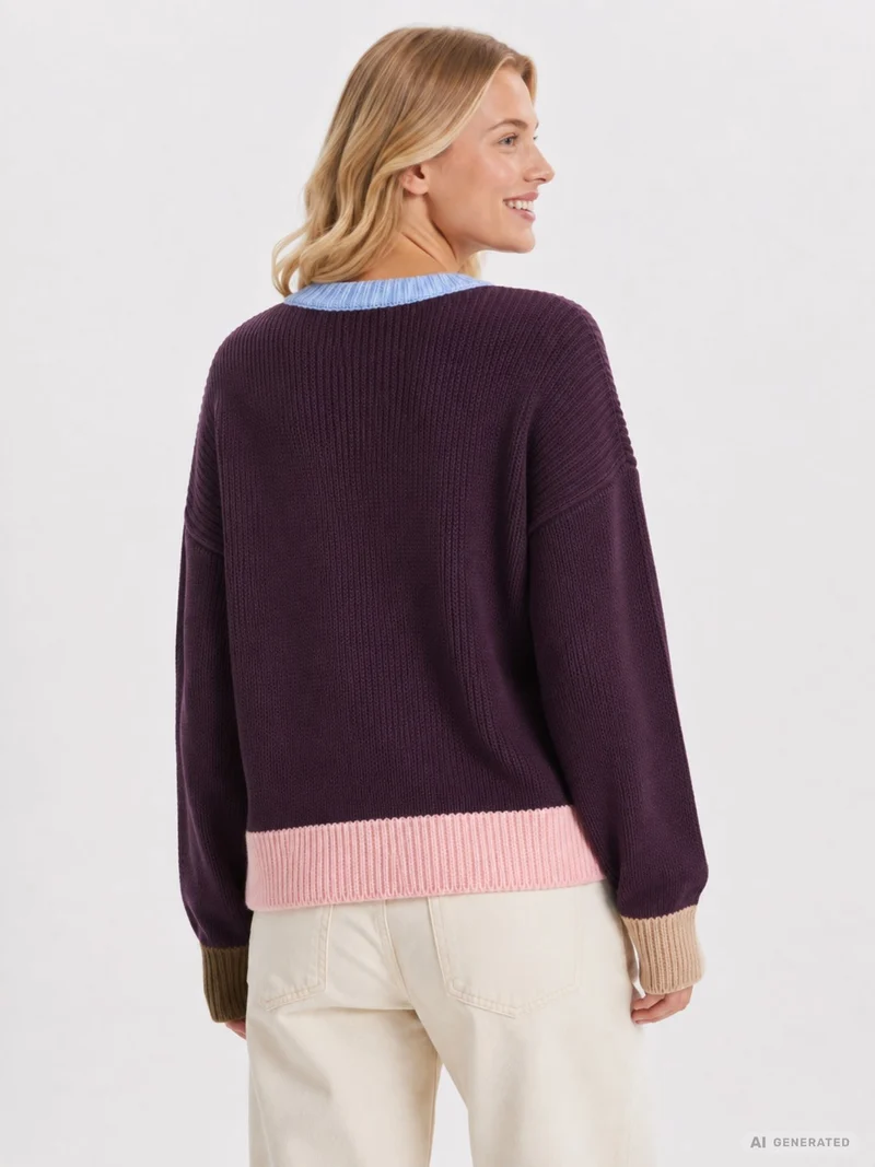 Lila Damen Strickpullover mit bunten Kontrastdetails