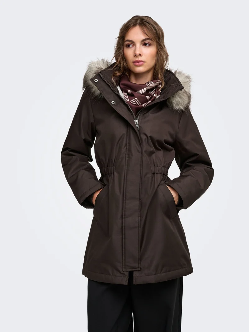 Brauner Damen Parka mit Kapuze & abnehmbarem Kunstfellrand