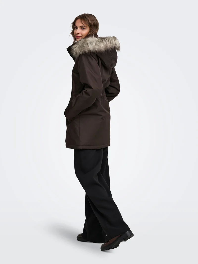 Brauner Damen Parka mit Kapuze & abnehmbarem Kunstfellrand