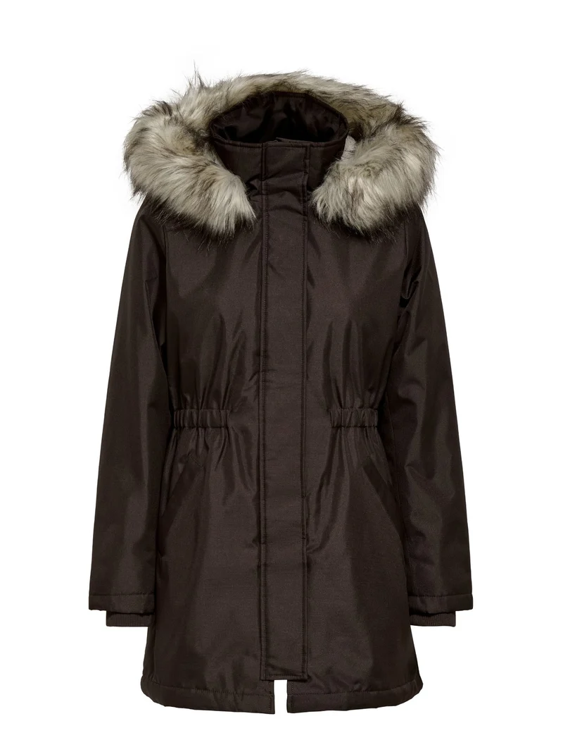 Brauner Damen Parka mit Kapuze & abnehmbarem Kunstfellrand
