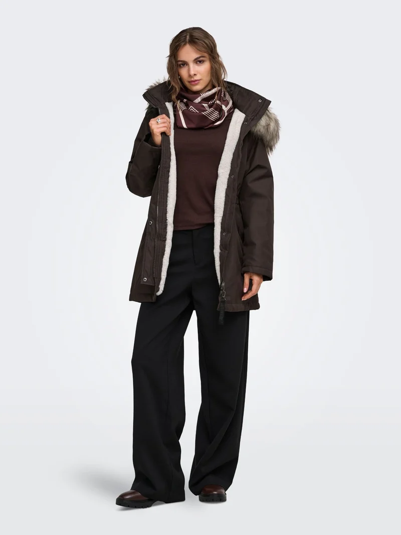 Brauner Damen Parka mit Kapuze & abnehmbarem Kunstfellrand