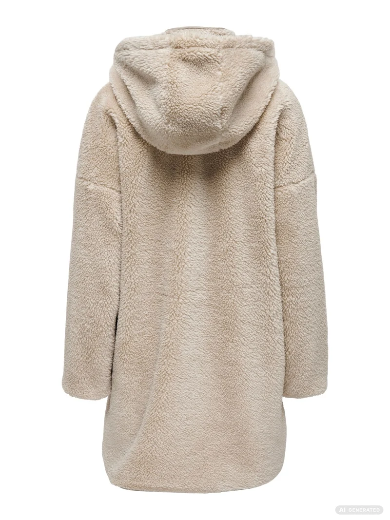 Beiger Damen Teddyfell-Mantel mit Kapuze von Only