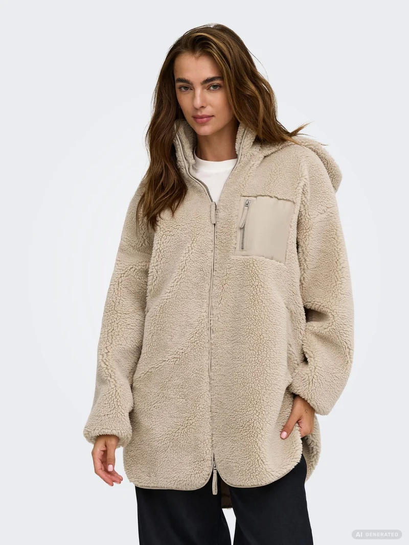 Beiger Damen Teddyfell-Mantel mit Kapuze von Only