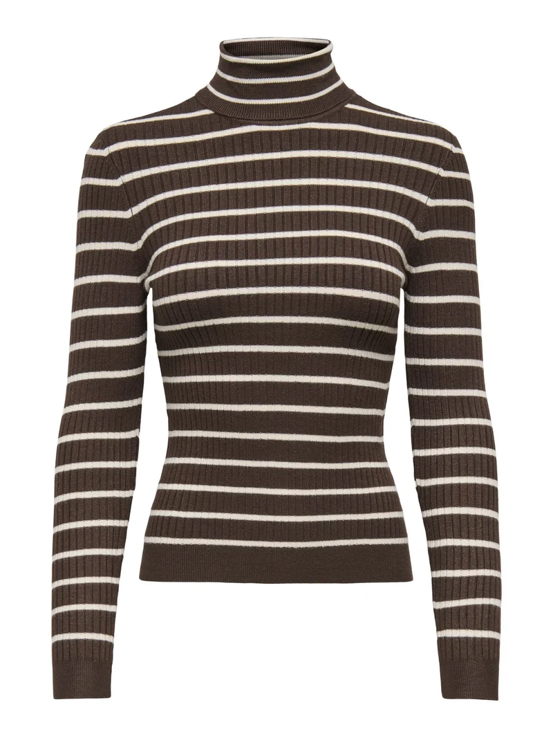 Damen Rollkragen-Strickpullover in Coffee Bean mit feinen Streifen von Only