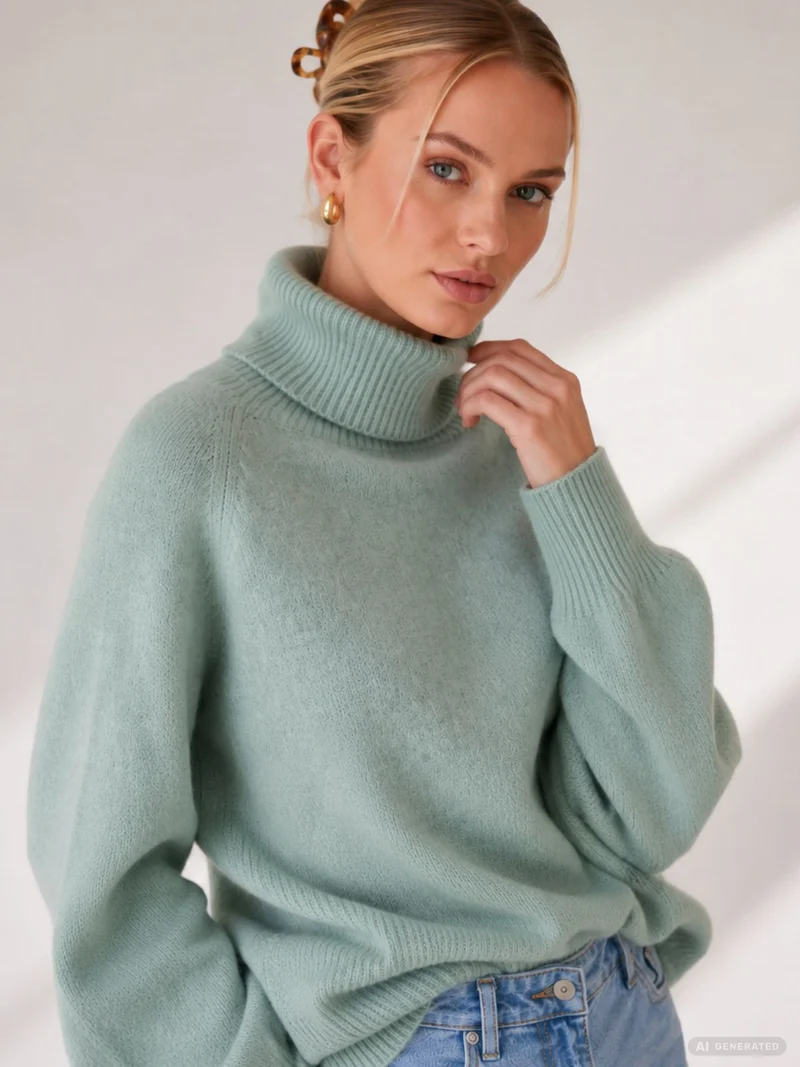 Damen Rollkragen-Strickpullover in Aqua Gray Melange von Only
