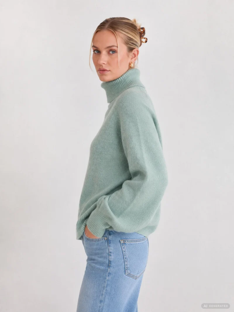 Damen Rollkragen-Strickpullover in Aqua Gray Melange von Only