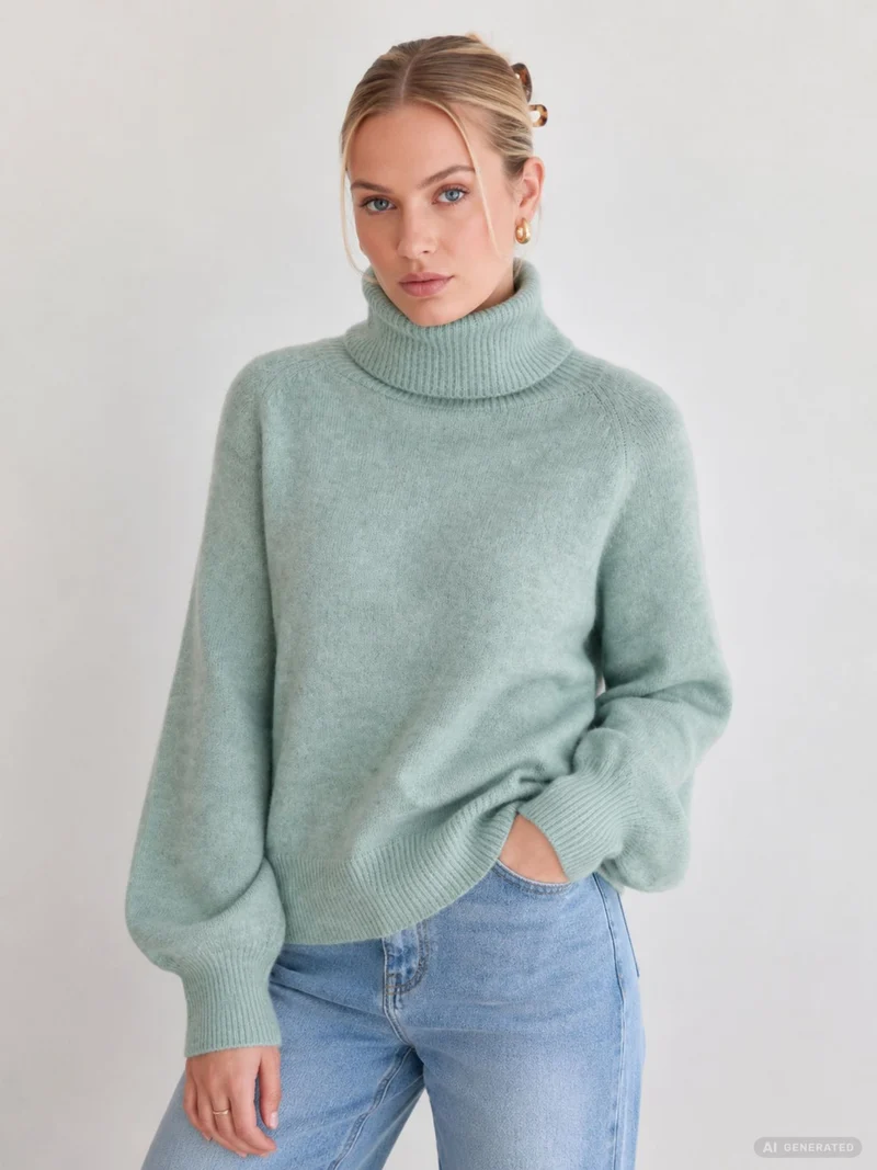 Damen Rollkragen-Strickpullover in Aqua Gray Melange von Only
