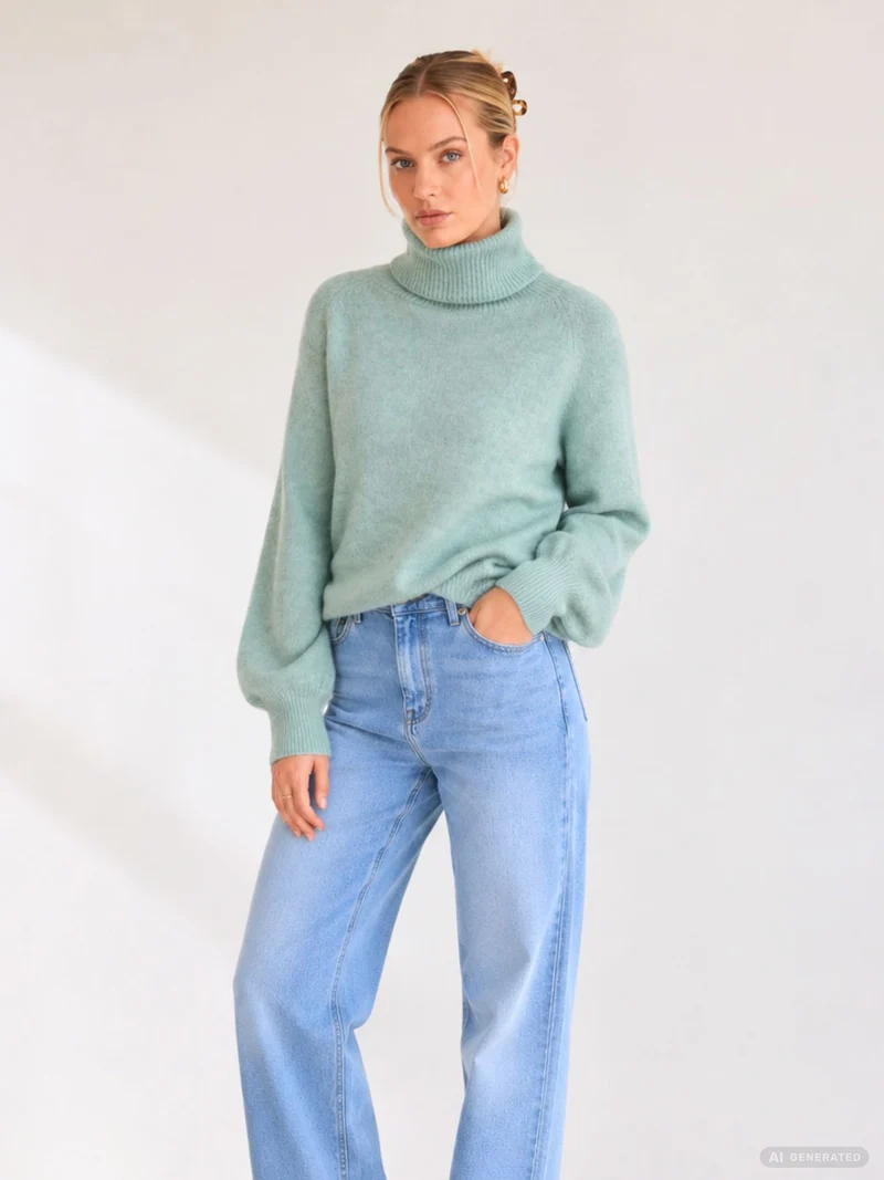 Damen Rollkragen-Strickpullover in Aqua Gray Melange von Only