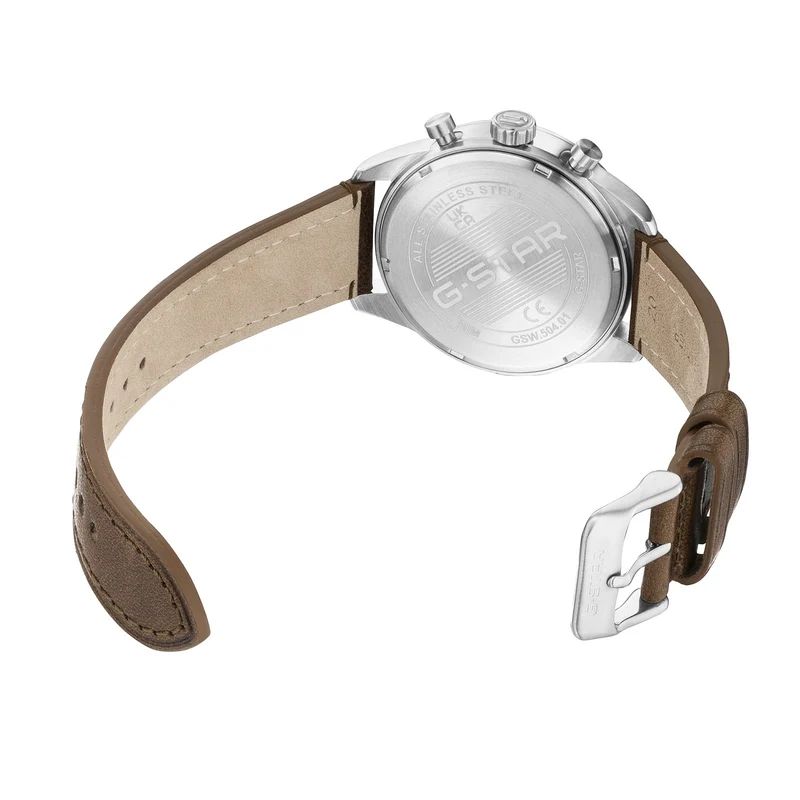G-STAR Originals Silberfarbene Stahl-Herrenuhr mit braunem Lederarmband GSW.504.01