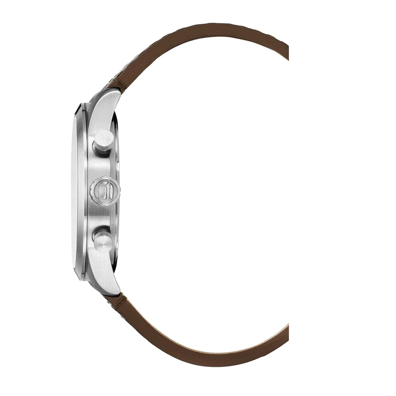 G-STAR Originals Silberfarbene Stahl-Herrenuhr mit braunem Lederarmband GSW.504.01