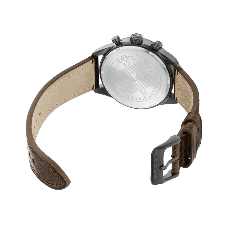 G-STAR Originals Schwarze Stahl-Herrenuhr mit braunem Lederarmband GSW.504.03