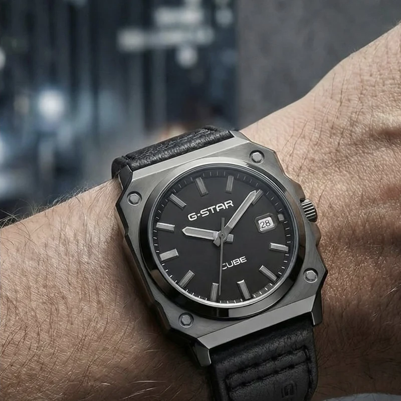 G-STAR Cube Schwarze Leder-Herrenuhr GSW.508.02