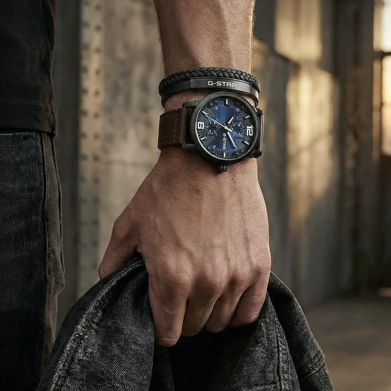 G-STAR Rovic Schwarze Herrenuhr mit blauem Zifferblatt GSW.509.04