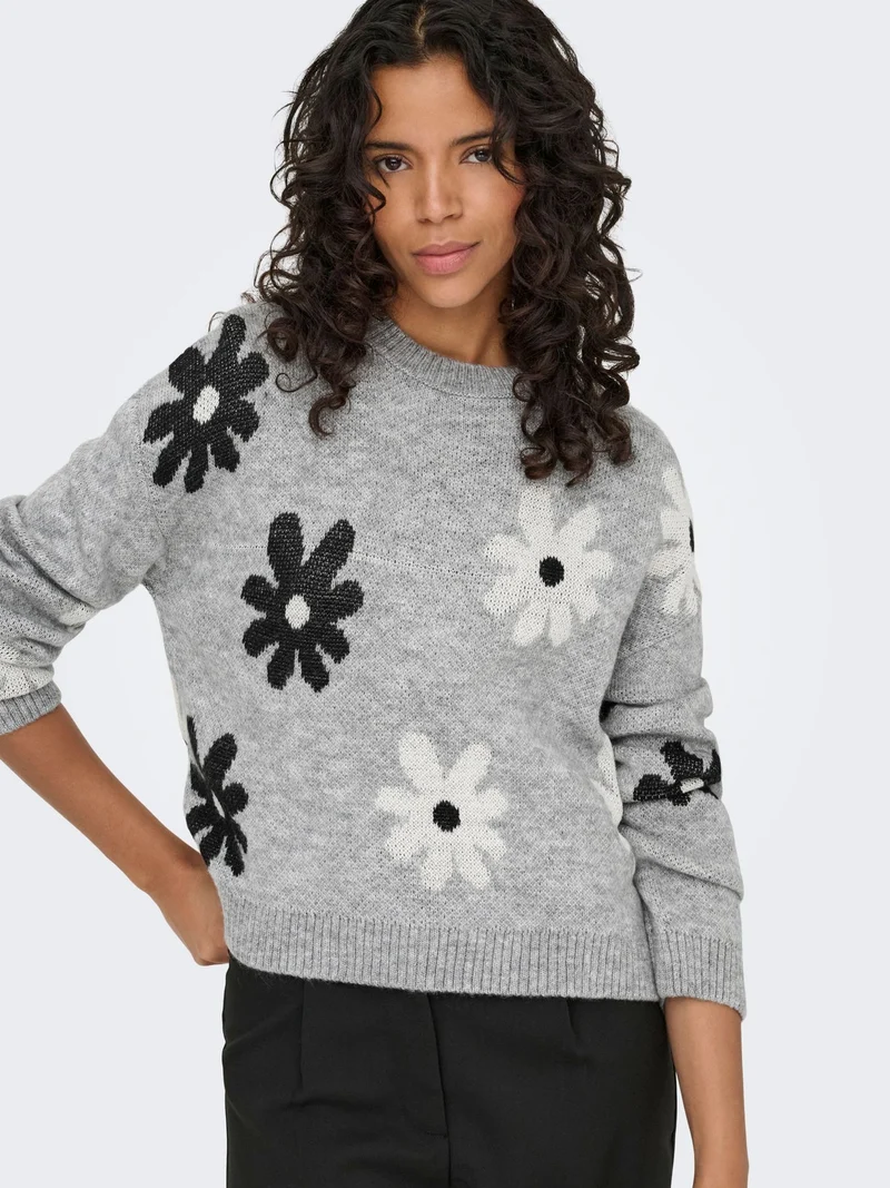 ONLFREESIA LS FLOWER O-NECK KNT NOO Light Grey Melange/Black/White Flow