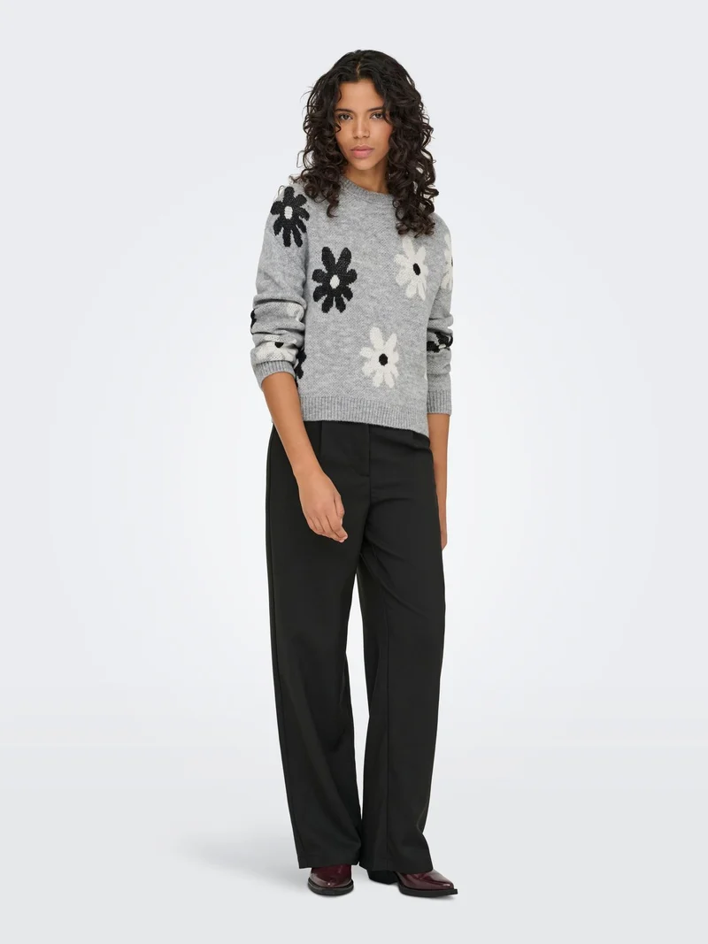 ONLFREESIA LS FLOWER O-NECK KNT NOO Light Grey Melange/Black/White Flow