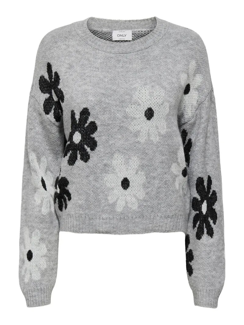 ONLFREESIA LS FLOWER O-NECK KNT NOO Light Grey Melange/Black/White Flow