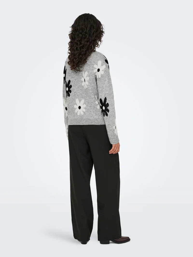 ONLFREESIA LS FLOWER O-NECK KNT NOO Light Grey Melange/Black/White Flow