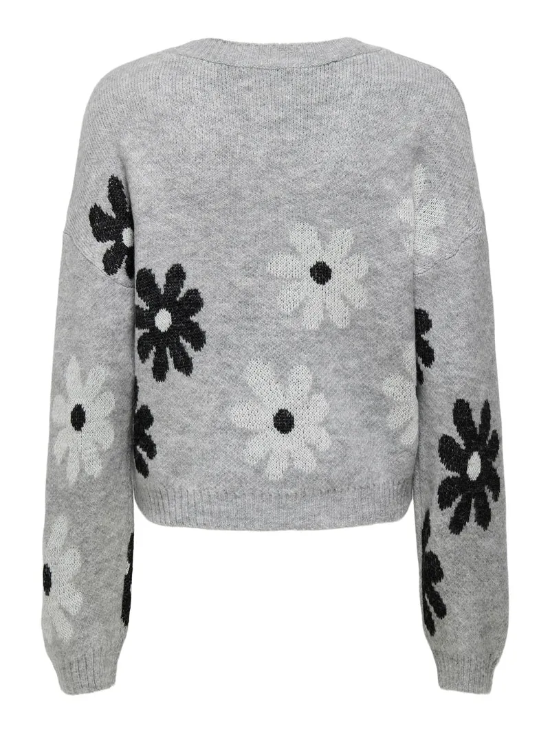 ONLFREESIA LS FLOWER O-NECK KNT NOO Light Grey Melange/Black/White Flow