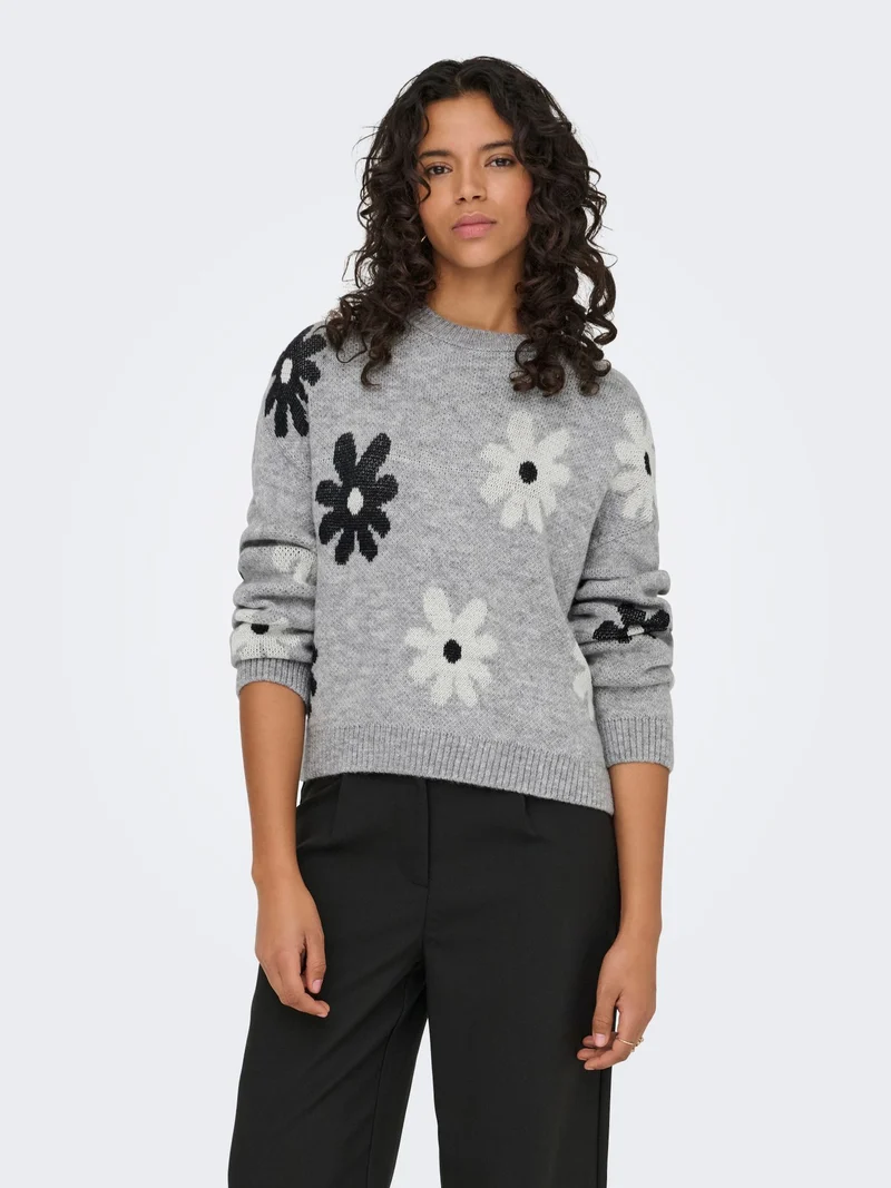 ONLFREESIA LS FLOWER O-NECK KNT NOO Light Grey Melange/Black/White Flow